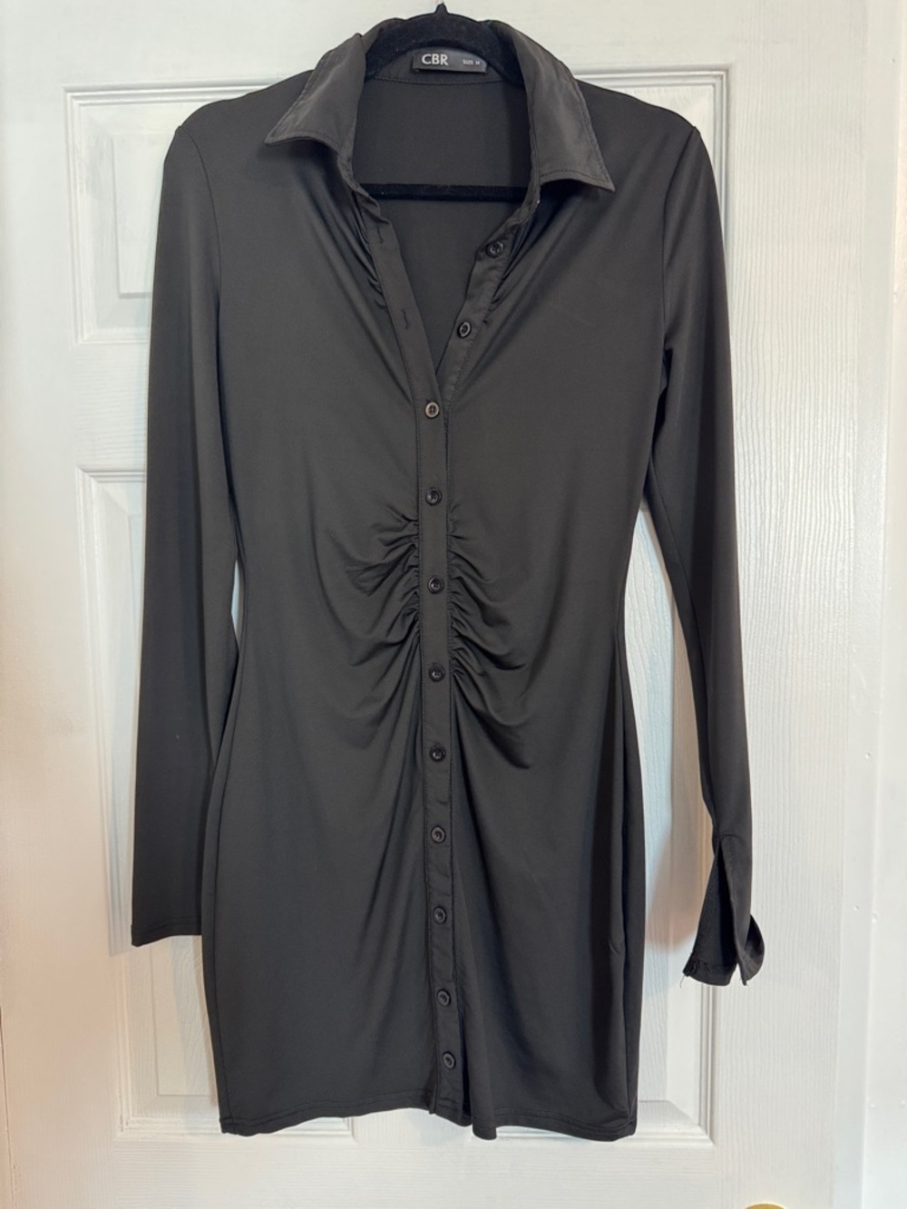 CBR Black Long Sleeve Ruched Button-Front Dress